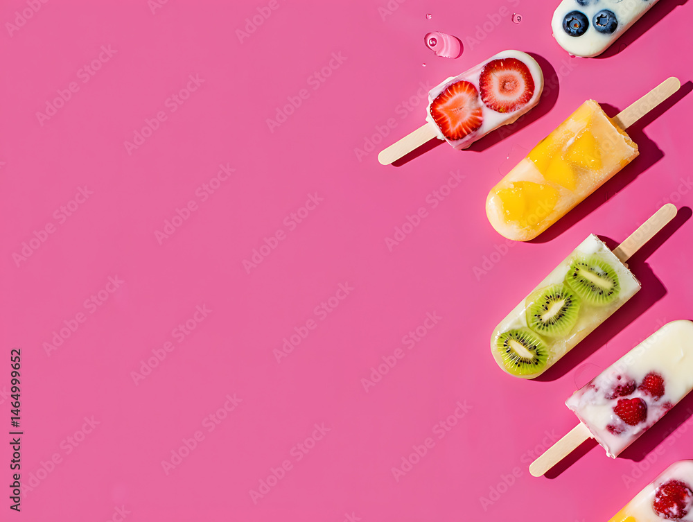 Summer's Sweet Escape: A Rainbow of Colorful Popsicles Against a Bold Pink Background Summer's Sweet Escape: A Rainbow of Colorful Popsicles Against a Bold Pink Background