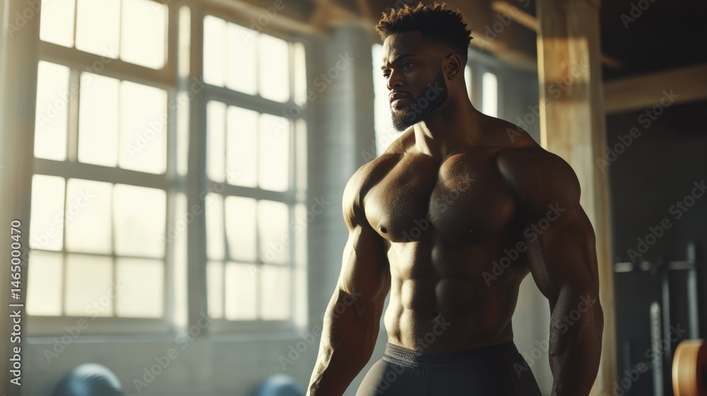 Fototapeta premium Strong African descent man posing with muscles in fitness center