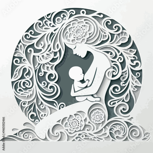  Mother Breastfeeding Baby Elegant Paper Cut Style Illustration