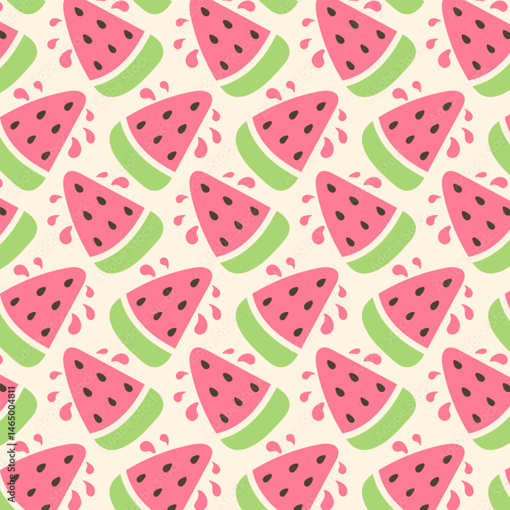 Seamless pattern with cute watermelon slices and seeds in bright colors. Playful summer fruit background for fabric, packaging, stationery, and seasonal design projects. Seamless pattern with cute watermelon slices and seeds in bright colors. Playful summer fruit background for fabric, packaging, stationery, and seasonal design projects.