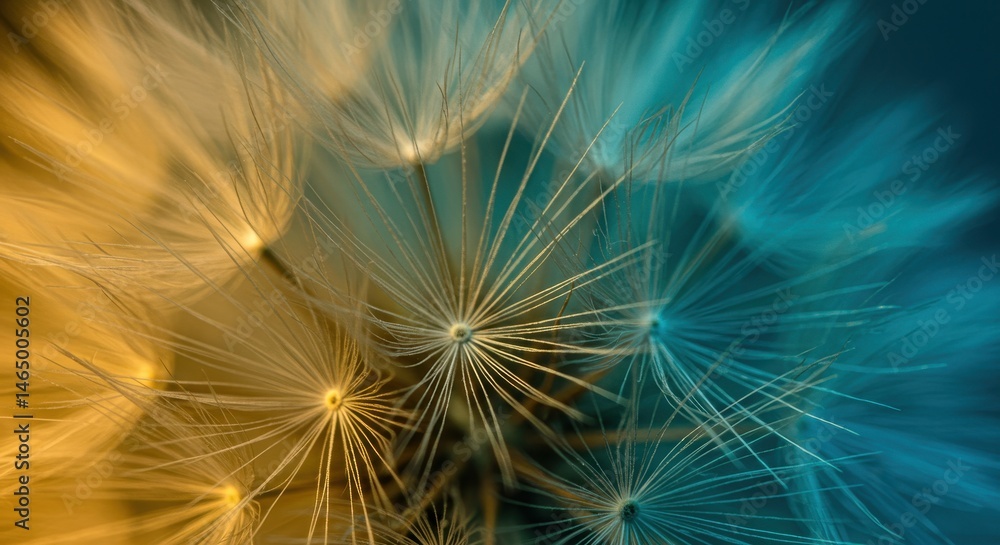Naklejka premium Abstract macro of dandelion seeds with teal and gold halves