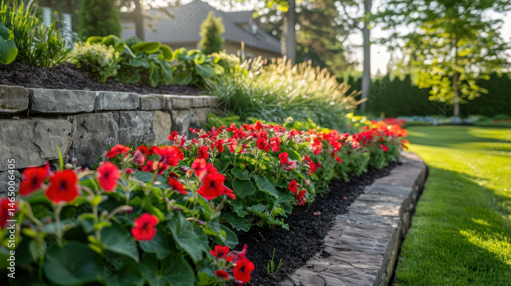 Elegant red flower garden border landscaping design Elegant red flower garden border landscaping design