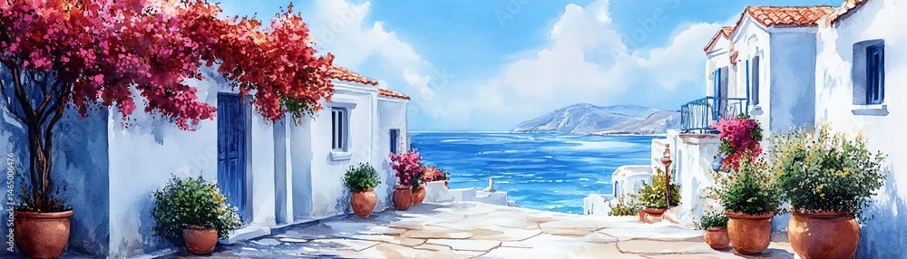 Idyllic coastal village scene. Whitewashed houses, vibrant flowers, and a tranquil sea.