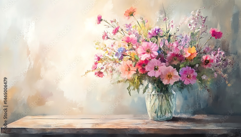 Vibrant wildflowers in a glass vase, painted artwork.