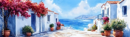 Obraz na płótnie Idyllic coastal village scene. Whitewashed houses, vibrant flowers, and a tranquil sea. w salonie