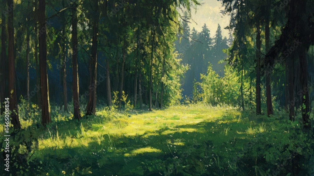 Fototapeta premium Sunlit forest path, green trees, summer day, nature background, idyllic scene