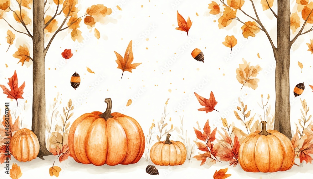 Autumn watercolor painting with pumpkins and falling leaves.