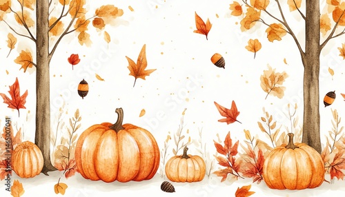 Obraz na płótnie Autumn watercolor painting with pumpkins and falling leaves. w salonie