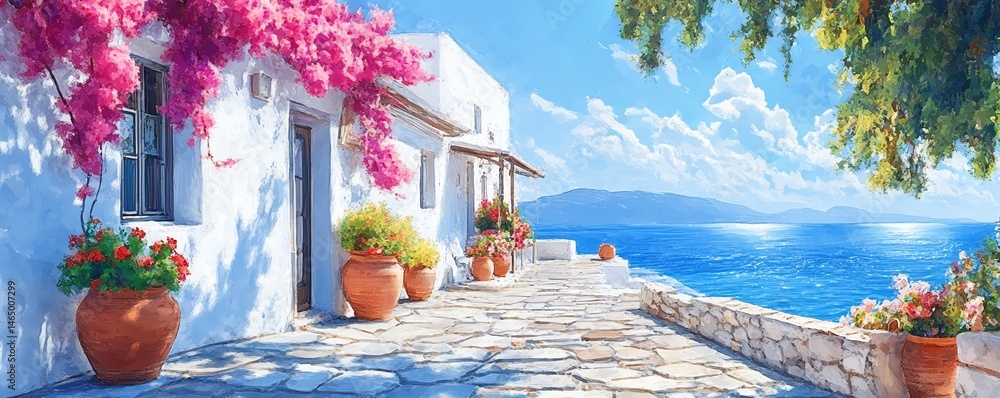 Sunny coastal house, flowers, ocean view.
