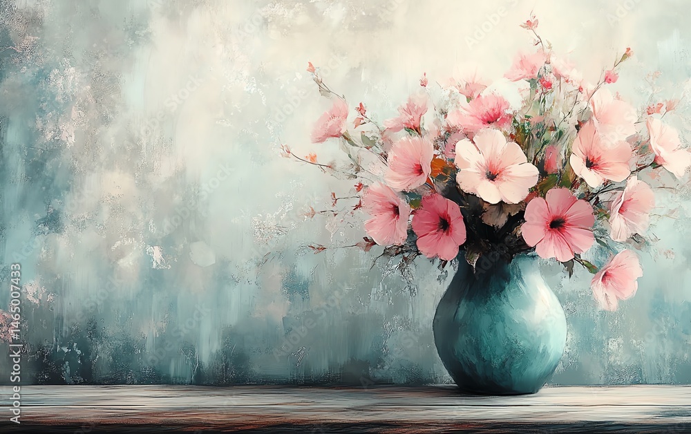 Elegant pink flowers in a teal vase, rustic background.