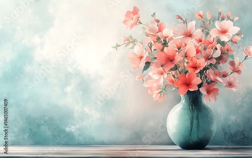 Obraz na płótnie Pastel pink flowers in a teal vase, soft artistic painting. w salonie