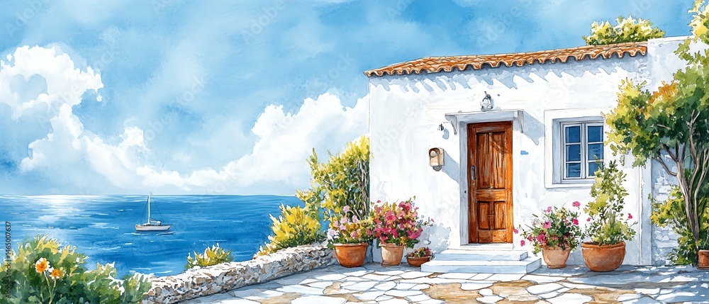 Coastal house, sunny day, ocean view.
