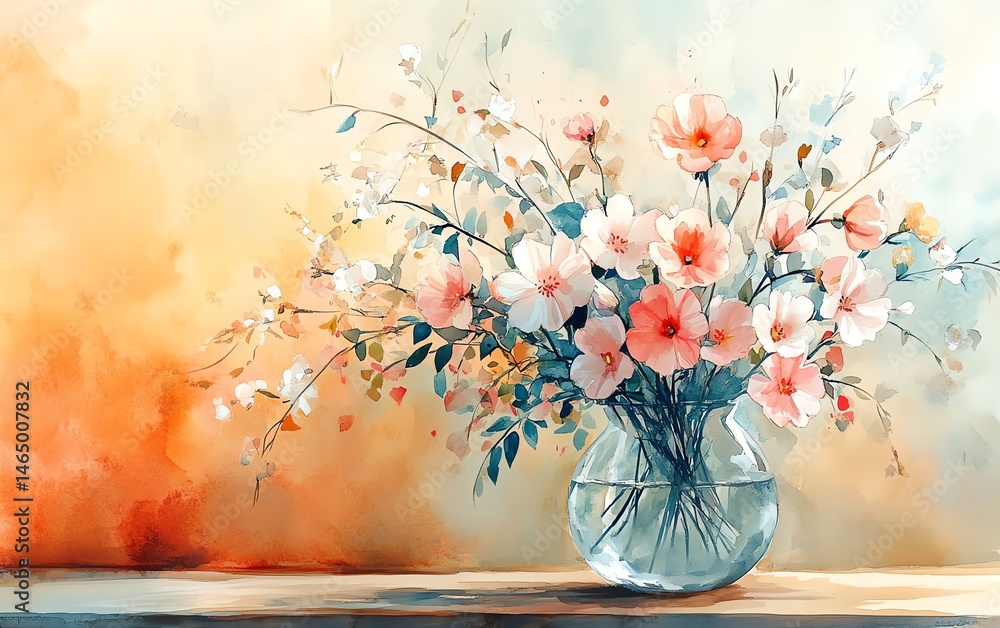 Watercolor painting of delicate flowers in a glass vase.