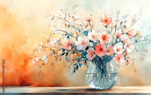 Watercolor painting of delicate flowers in a glass vase.