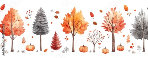Obraz na płótnie Autumn watercolor trees, pumpkins, leaves w salonie
