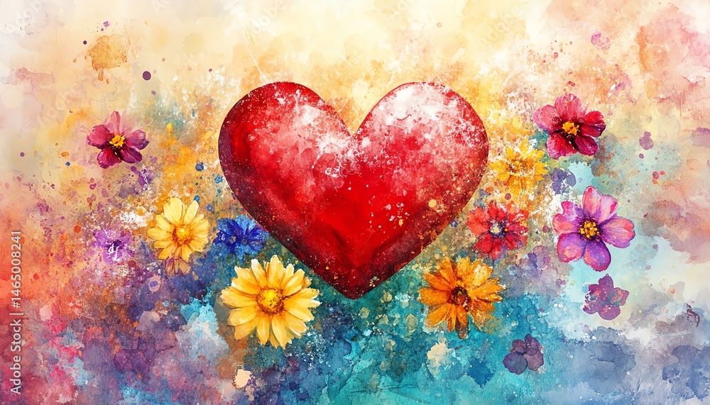 Vibrant watercolor heart surrounded by colorful flowers.