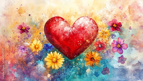 Obraz na płótnie Vibrant watercolor heart surrounded by colorful flowers. w salonie