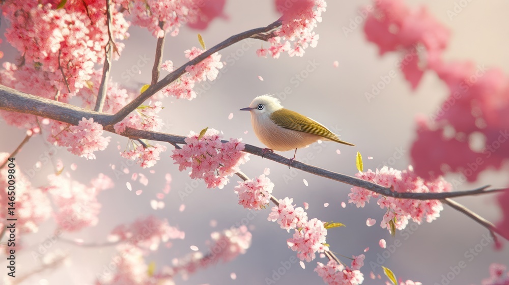 Bird on cherry blossom branch, spring, petals falling, garden, nature scene Bird on cherry blossom branch, spring, petals falling, garden, nature scene