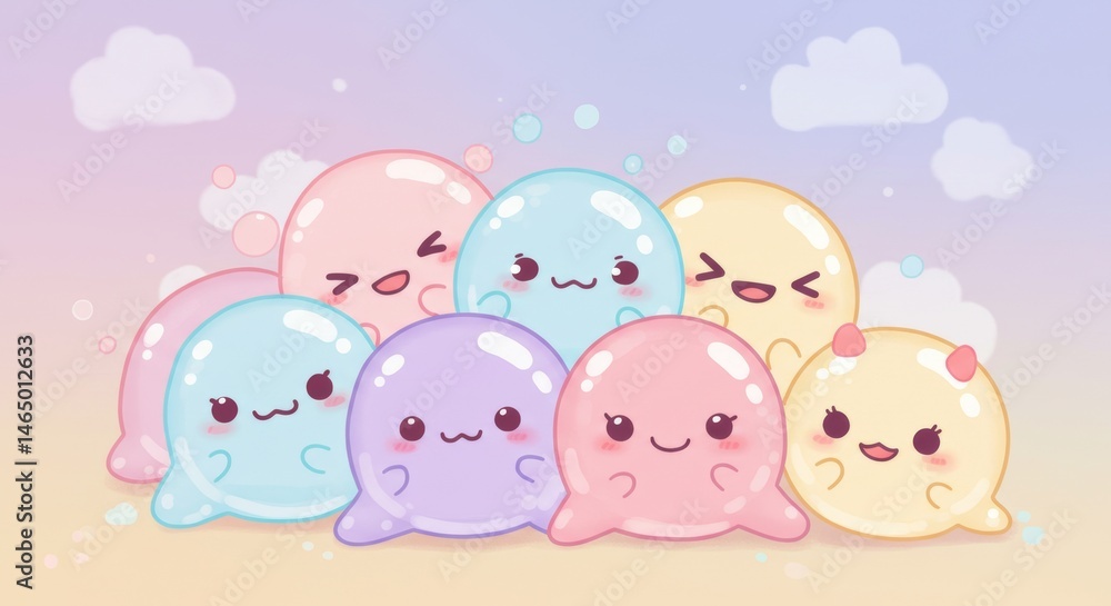 Playful pastel bubble characters with expressive kawaii faces gather in soft harmony Playful pastel bubble characters with expressive kawaii faces gather in soft harmony