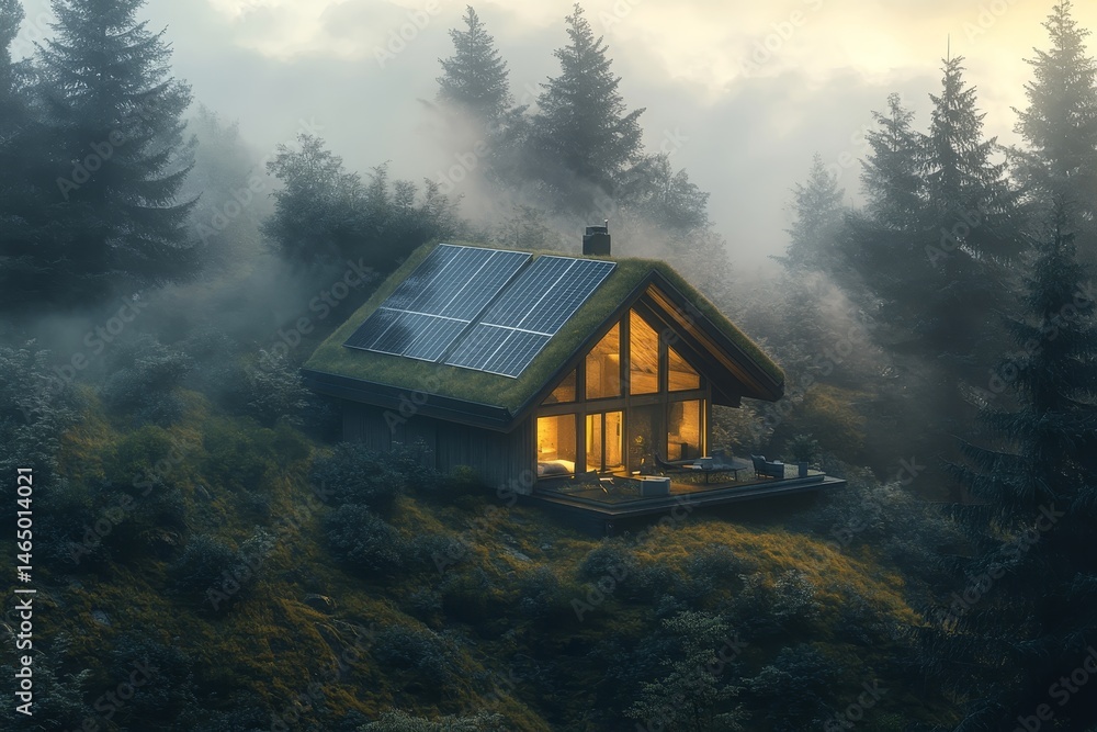 A secluded, eco-friendly cabin nestled in a misty forest. A secluded, eco-friendly cabin nestled in a misty forest.