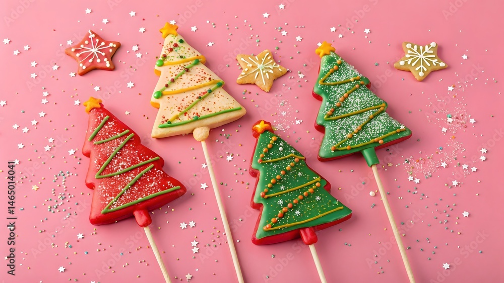 Delightful Christmas tree-shaped cookies, adorned with sprinkles and vibrant icing, create a festive and cheerful holiday scene on a pink background. Delightful Christmas tree-shaped cookies, adorned with sprinkles and vibrant icing, create a festive and cheerful holiday scene on a pink background.