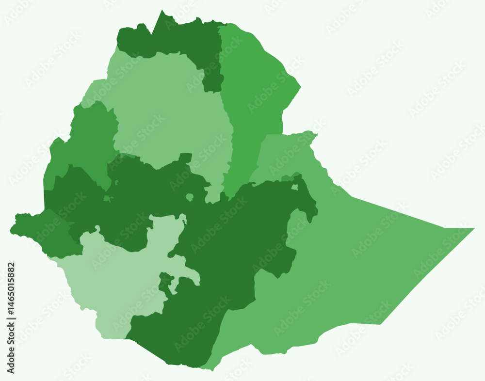Fototapeta premium Map of Ethiopia with regions. Just a simple country border map with region division. Green color palette. Blank Federal Democratic Republic of Ethiopia shape with administrative division.