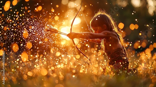 Child Aiming Bow and Arrow Outdoors in Golden Sunlight