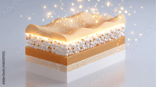 Educational infographic style, 3D cross-section of skin layers showing retinol penetrating epidermis, glowing cellular regeneration effect, minimalist white background with measurement markers, editab