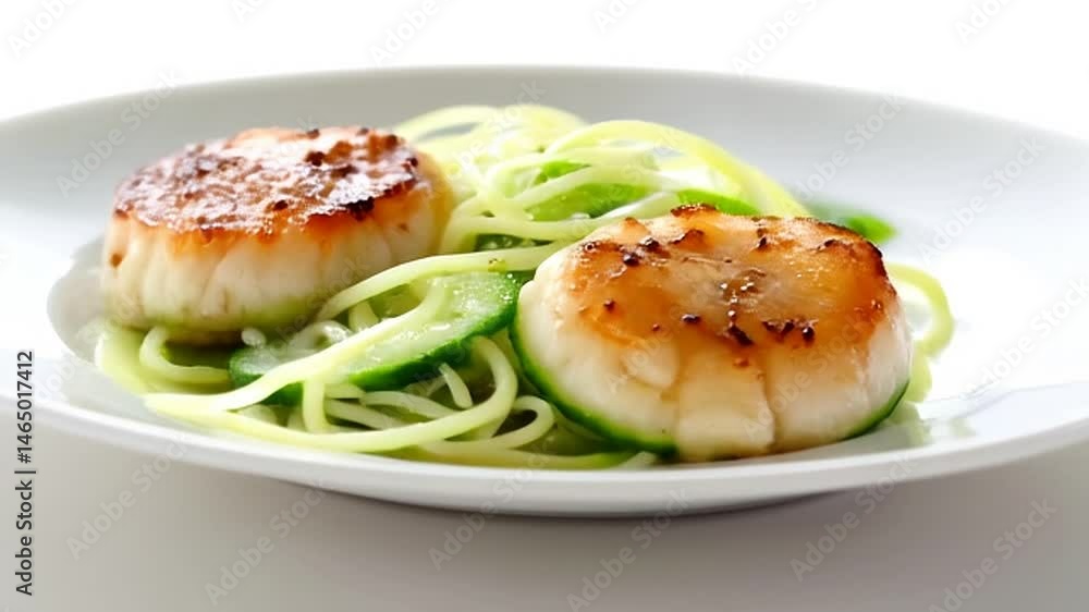 Two Golden Brown Seared Scallops Over Zucchini Noodles on a Glossy White Plate in a Studio Shot Two Golden Brown Seared Scallops Over Zucchini Noodles on a Glossy White Plate in a Studio Shot