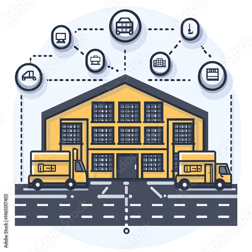 Minimalist depicting a warehouse and factory icons connected by a dotted line representing the disruption or breakdown in the supply chain process