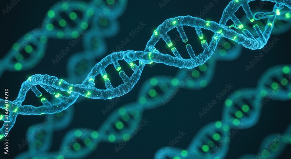 Multiple dna strands are shown in a blue and green abstract design. Multiple dna strands are shown in a blue and green abstract design.