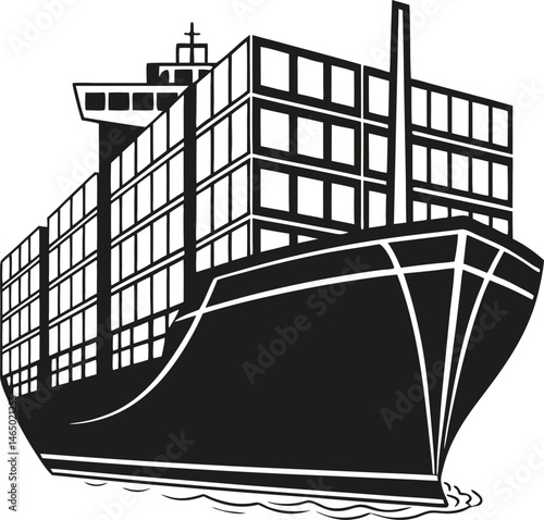 Black Silhouette Vector Illustration of a Container Cargo Ship ? Maritime Transport Icon for Global Shipping and Logistics