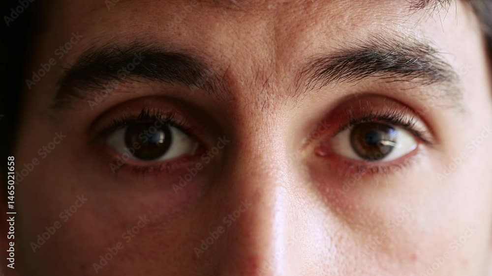 Man opens his eyes with a surprised expression in a close-up. gaze is wide and alert, capturing a moment of unexpected realization or shock, genuine reaction Man opens his eyes with a surprised expression in a close-up. gaze is wide and alert, capturing a moment of unexpected realization or shock, genuine reaction