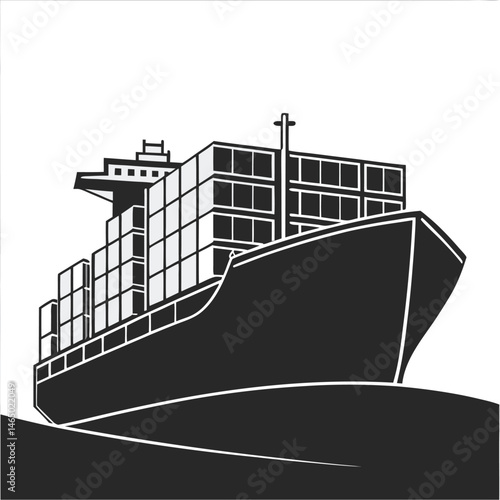 Black Silhouette Vector Illustration of a Container Cargo Ship ? Maritime Transport Icon for Global Shipping and Logistics