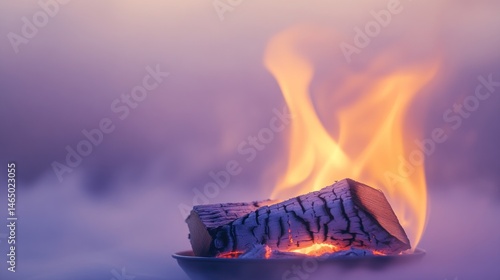 Burning wood log in a dish, vibrant flames against a soft, misty backdrop