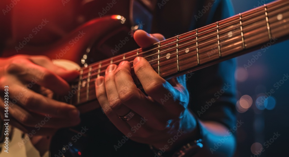 Obraz premium Guitar player hands playing the electric guitar close up in dim light