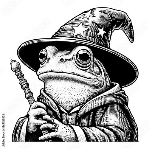 Frog wear witch hat sketch engraving black and white outline. Scratch board imitation.  illustrated in vintage line art style on a white background.