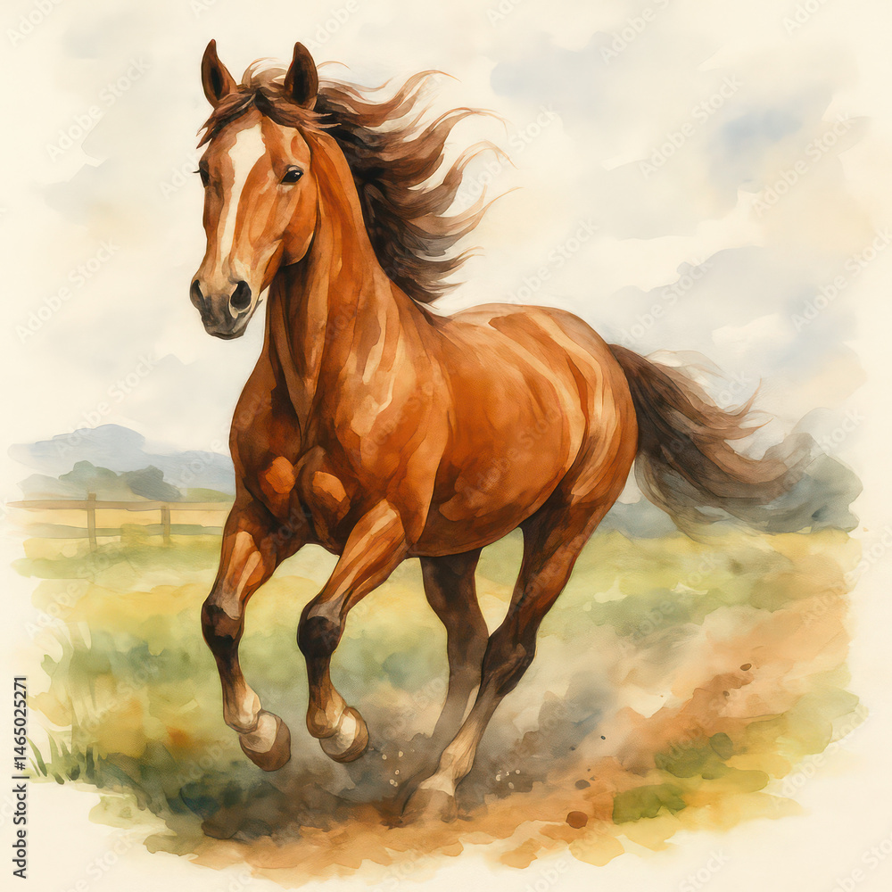 Obraz premium A majestic equine bursts into motion, exuding power and grace in an artistic watercolor depiction. The horse's flowing mane and dynamic pose capture the essence of freedom and untamed spirit. 