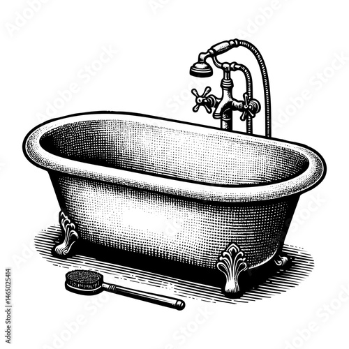 Bathtub sketch  engraving black and white outline. Scratch board imitation.  illustrated in vintage line art style on a white background.