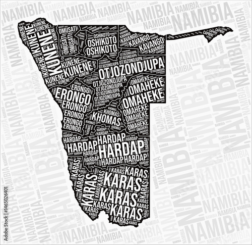 Namibia regions map word cloud. Namibia region names. Black and white map design. Creative vector illustration.