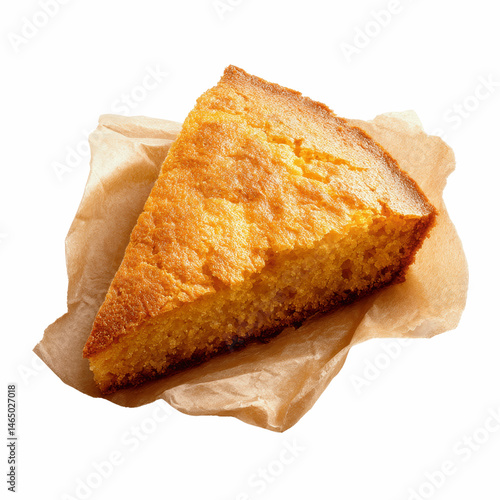 Golden Crusty Slice of Homemade Cornbread on Parchment Paper