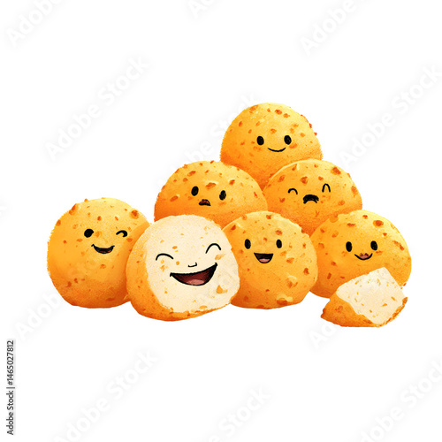 Wallpaper Mural Illustration of seven cartoon-like round food items with diverse expressions, on a solid black background. Torontodigital.ca