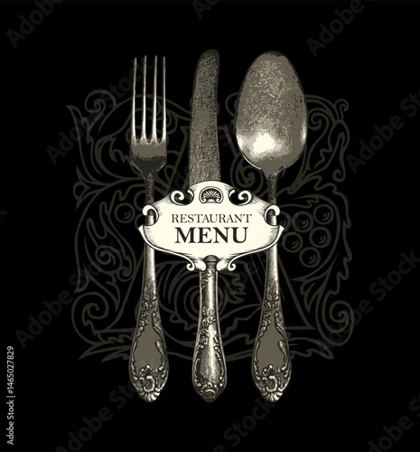 Vector cover or logo food and drink menu for restaurant or cafe with realistic fork, spoon and knife with vintage initial letter A, curlicues and flower ornament in retro style. No AI used