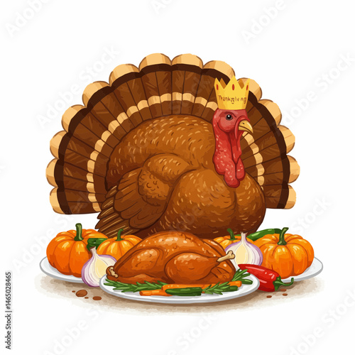 A Thanksgiving dinner illustration with a regal turkey in a golden crown, surrounded by pumpkins and delicious food. It's a colorful and festive scene perfect for celebrating the holiday season