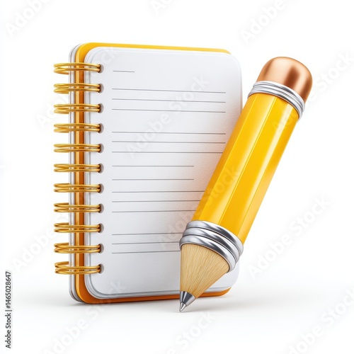 Yellow pencil and notepad on white background. Ready for notes and ideas.  Clean and simple 3D rendering.
