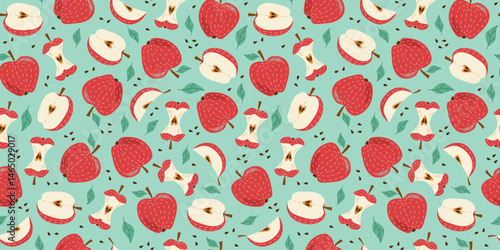 Apple, fruit. Pattern seamless. Set of slices and whole fruits with leaves. Vitamin natural vegetarian food, garden crop, harvest. Drawing, flat illustration, repeating background.