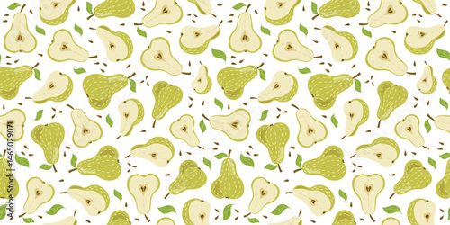 Pear. The pattern seamless. Hand drawn cartoon fruit. Set of slices and whole fruit with leaves. Vitamin natural vegetarian food, garden crop, harvest. Drawing, flat illustration. Wallpaper decor.