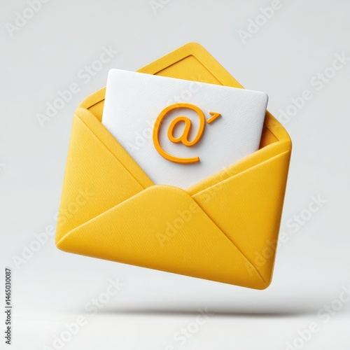 Yellow textured envelope with white paper and an orange at symbol. 3D illustration on a white background.