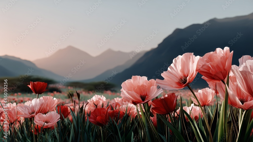 Vibrant Pink Poppy Field Under a Colorful Sunset in a Serene Valley