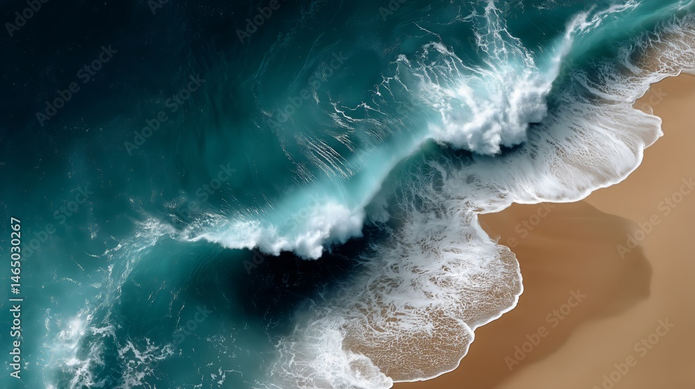 Waves Crashing on a Sandy Beach With Vibrant Turquoise Waters and Lush Greenery in the Background